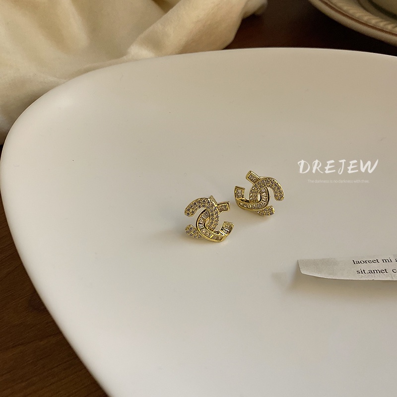 DREJEW Khuyên tai mạ bạc đính đá zircon kiểu dáng hình học sang trọng