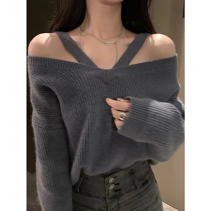 Áo len trễ vai Forgirl cổ tim đan dây vai tay dài