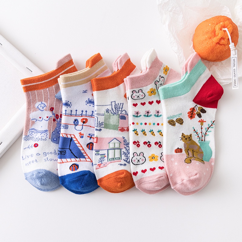 Vớ tất cổ ngắn viền màu cổ icon mèo nâu thỏ tượng trắng