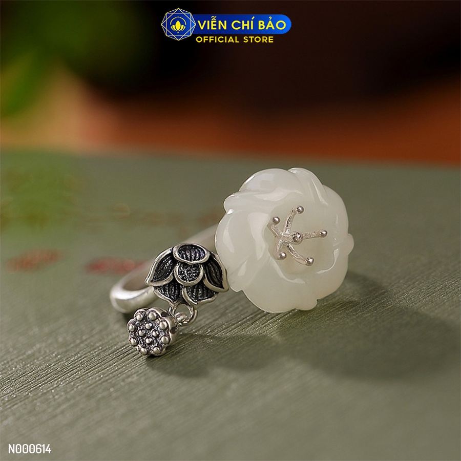 Nhẫn bạc nữ hoa mai đá bạch ngọc charm đài sen chất liệu bạc 925 thời trang phụ kiện trang sức Viễn Chí Bảo N000614