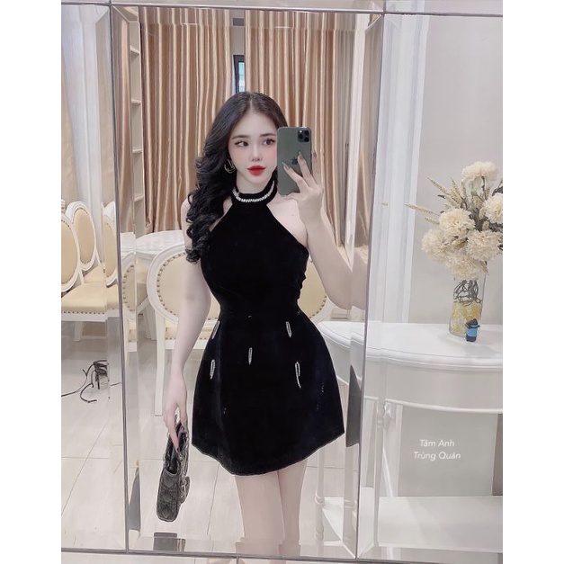 Váy đầm 2 dây nữ ngắn đan lưng rút dây 1 bên sang chảnh có mút ôm body màu đỏ đen chất nhung mềm phong cách alohashop91