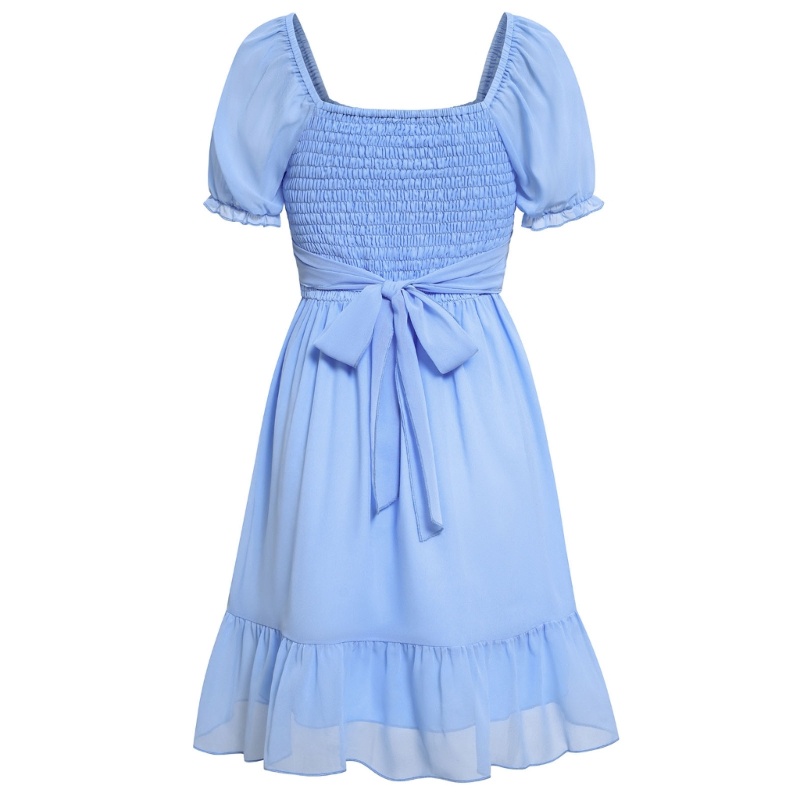 Xiangbao Đầm Chiffon Dáng Chữ A Tay Ngắn Phồng Ngắn Phối Bèo Nhún Thanh Lịch Thắt Nơ Eo Cho Nữ