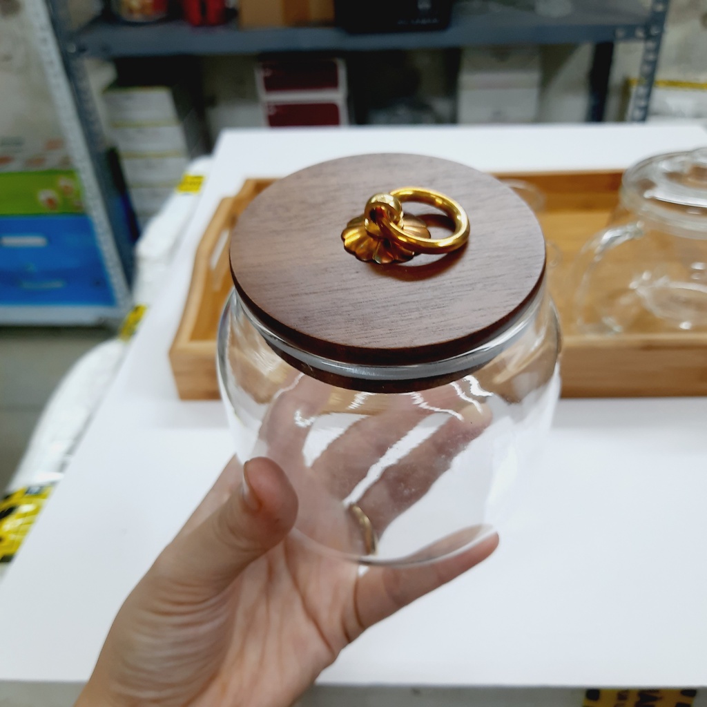 Hũ thủy tinh nắp gỗ đựng trà hoa, đồ khô 450ml - HT4