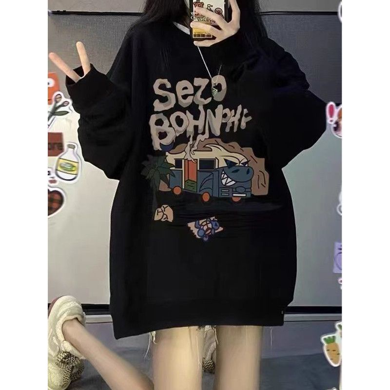 Jiashucheng Áo Nỉ Dài Tay Cổ Tròn Form Rộng In Họa Tiết Ngọt Ngào Phong Cách Mỹ