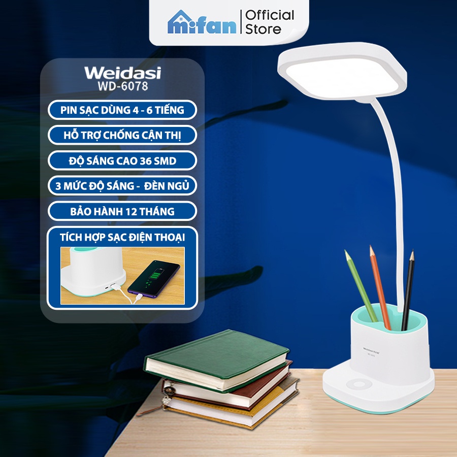 Đèn học để bàn chống cận tích điện Weidasi WD-6078 - LED 3 mức độ sáng bảo vệ mắt đọc sách làm việc - Thân mềm xoay 360