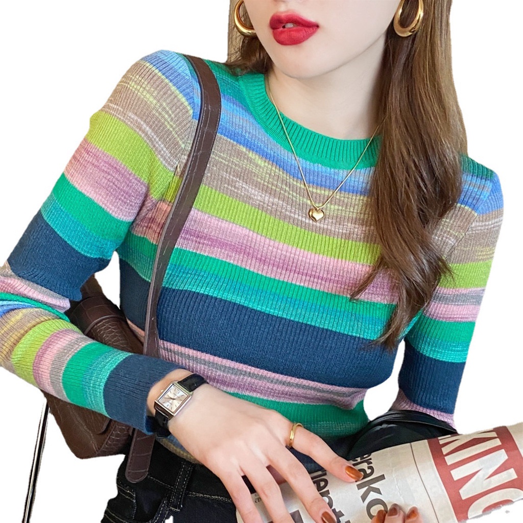 Áo Len Tay Dài Dáng Ôm Họa Tiết Kẻ Sọc Ngang Màu Cầu Vồng Phong Cách Mới Dành Cho Bạn Nữ