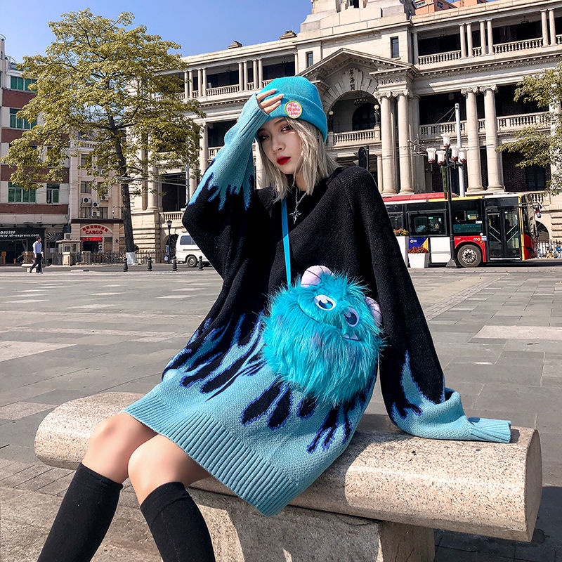 Happy-store ❤️ Áo sweater len nam nữ form rộng ngọn lửa xanh đen, áo sweater nam unisex màu đen thời trang hàn quốc