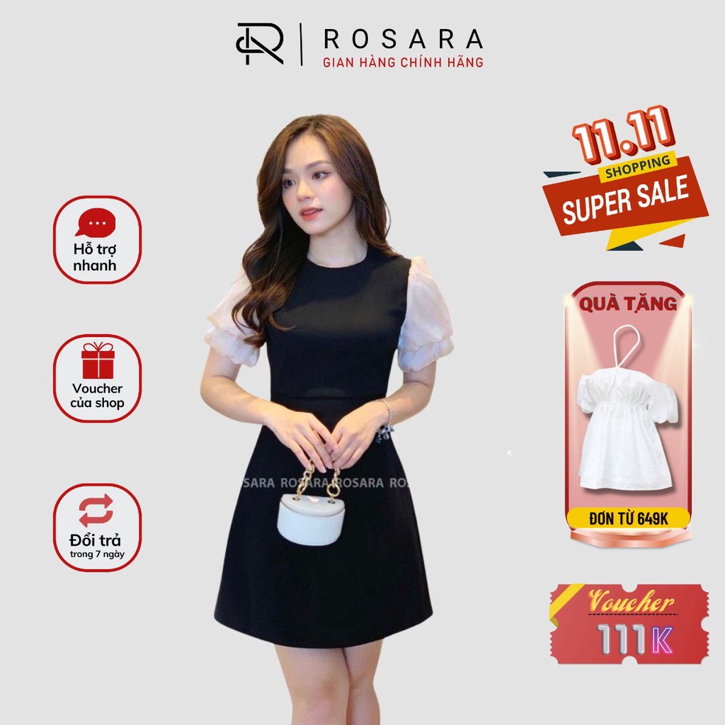 Váy Công Sở Nữ Thiết Kế Tay Bồng Hai Lớp Cách Điệu Phối Nơ Sang Trọng Rosara V40