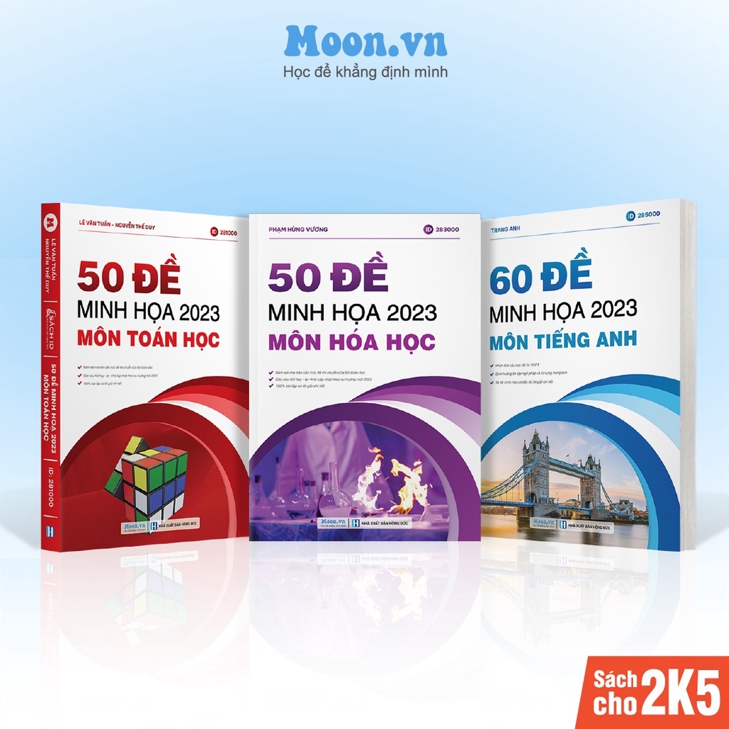 Bộ đề trắc nghiệm 2023 khối D7: 3 Sách luyện đề minh hoạ luyện thi thpt môn toán hoá anh moonbook