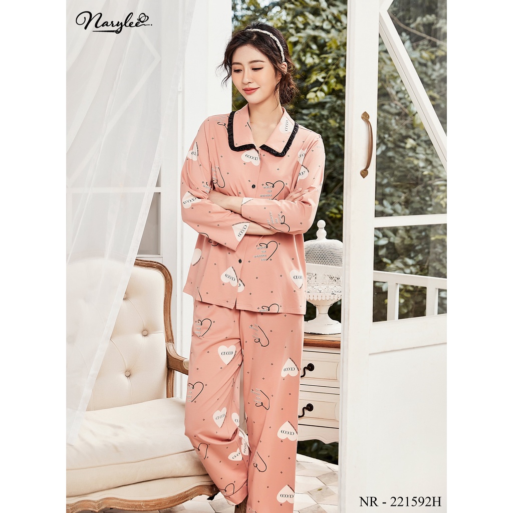 Bộ pijama cổ sen đính nơ dài tay thu đông chất cotton cao cấp thương hiệu Narylee