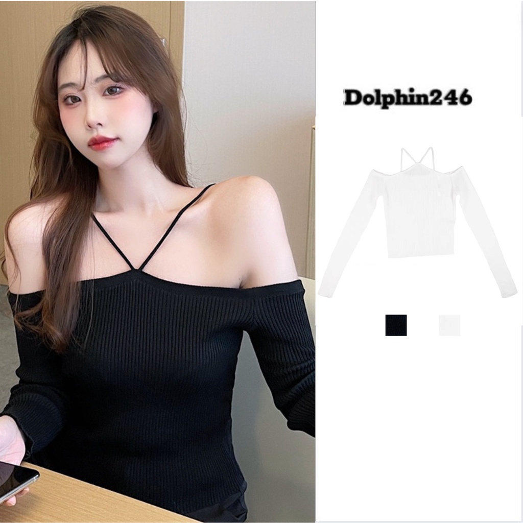 Áo len nữ trễ vai tay dài sexy cổ yếm gân đẹp dệt kim kiểu form rộng dáng Quảng Châu Hàn Quốc G-0