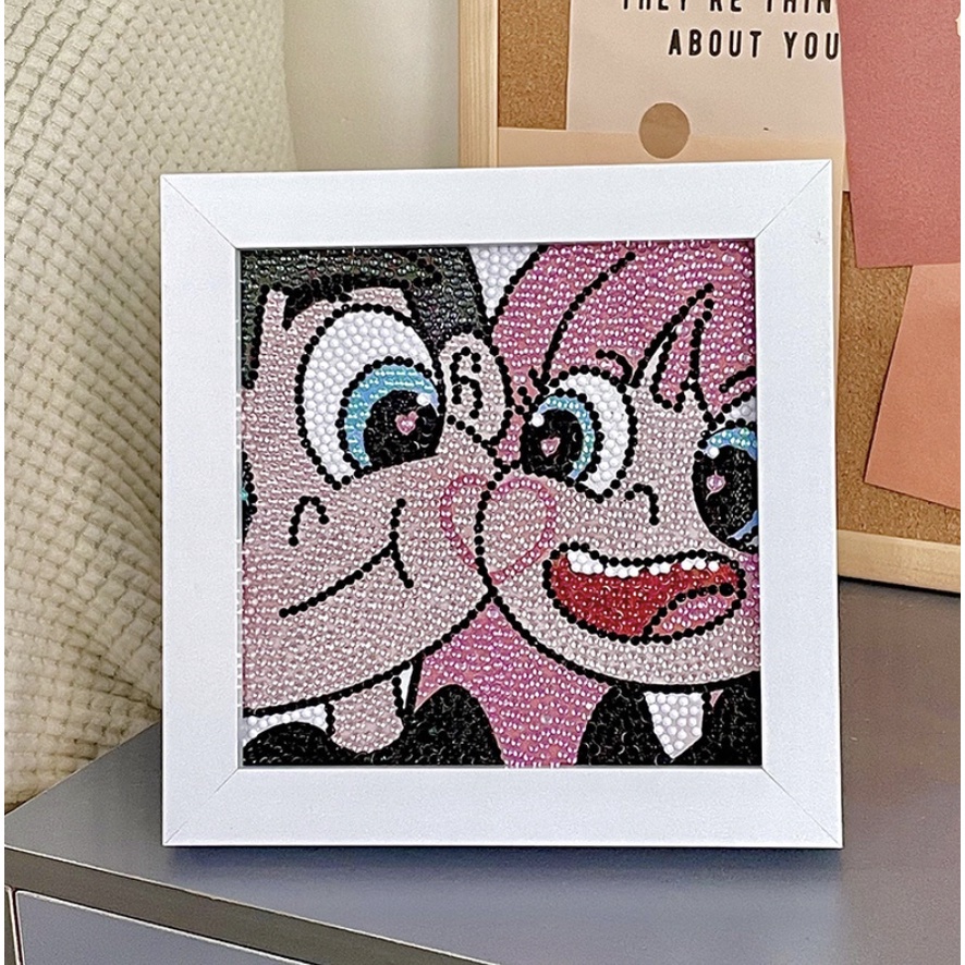 Tranh đính đá 5D hình cặp đôi dễ thương tự làm thủ công đi kèm khung gỗ tranh trí