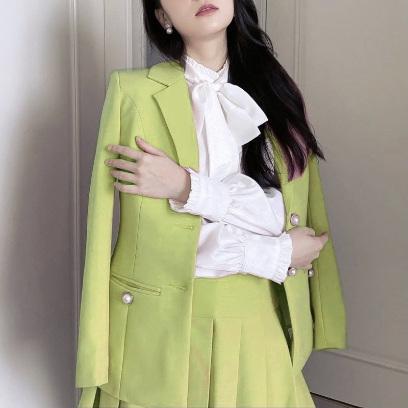 Set vét G302 màu xanh nõn chuối may 2 lớp dày dặn chân váy có lót - GEM Fashion