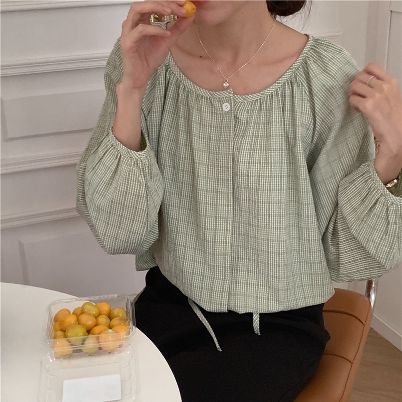 SUXI Áo Kiểu Tay Dài Cổ Tròn Dáng Rộng Kẻ Sọc Phối Dây Rút Thời Trang Hàn Quốc Cho Nữ