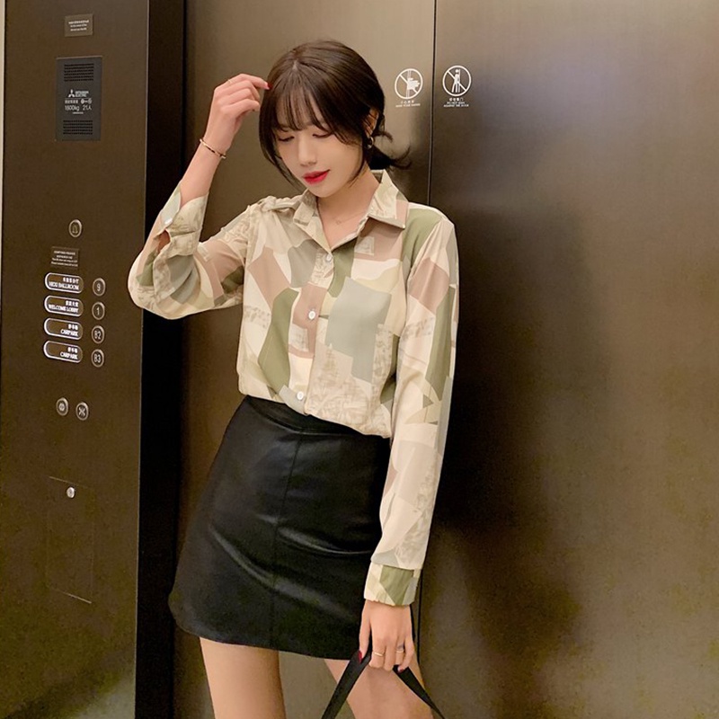 Áo Sơ Mi Tay Dài Dáng Ôm In Họa Tiết Màu Sắc Tương Phản Phong Cách Hàn Quốc Thời Trang Cho