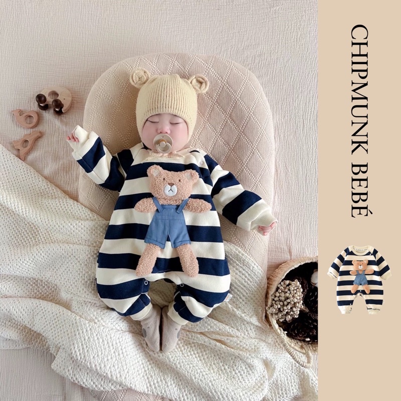 Bộ Body cho bé 0-2 tuổi nỉ lót lông cao cấp siêu ấm gấu kẻ đáng yêu cho bé trai bé gái mùa đông. Chipmunk Bebé