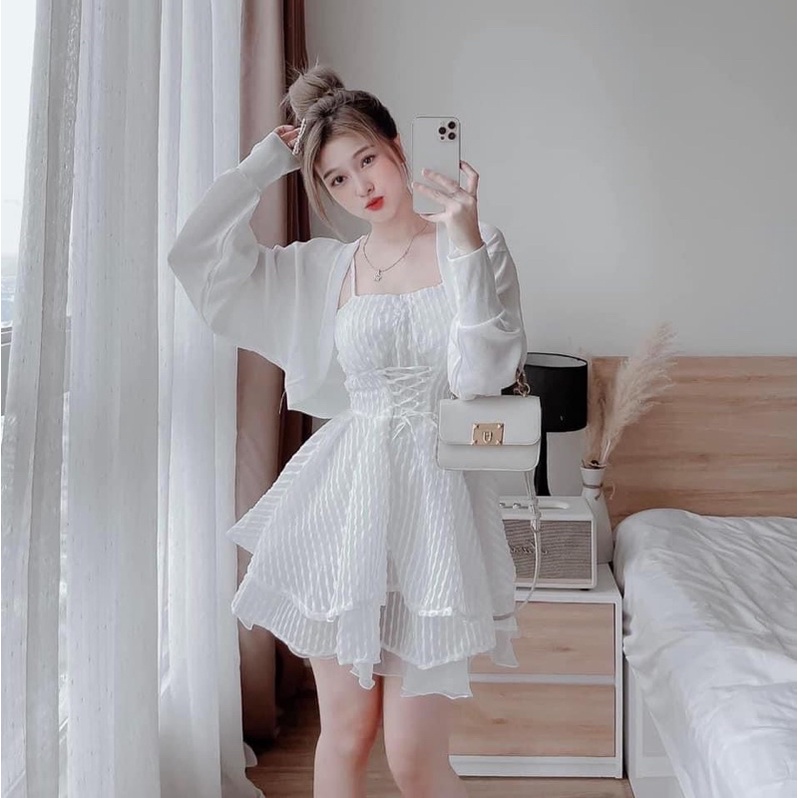 Sét đầm 2 dây trắng xốp đan dây kèm khoác len tăm tiêu thư xinh xắn