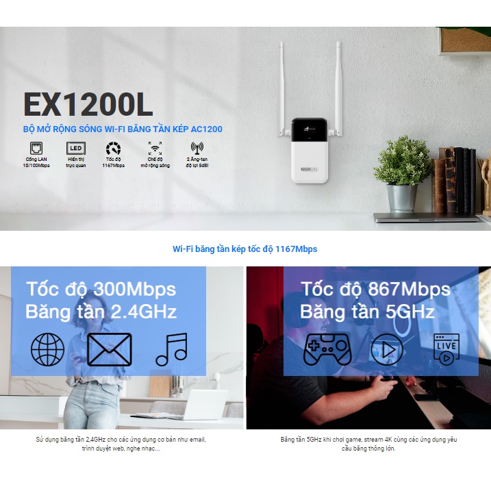 [Mã ELTO12 giảm đến 40K đơn 100K] Bộ mở rộng sóng Wi-Fi băng tần kép chuẩn AC1200Mbps TOTOLINK EX1200L | BigBuy360 - bigbuy360.vn