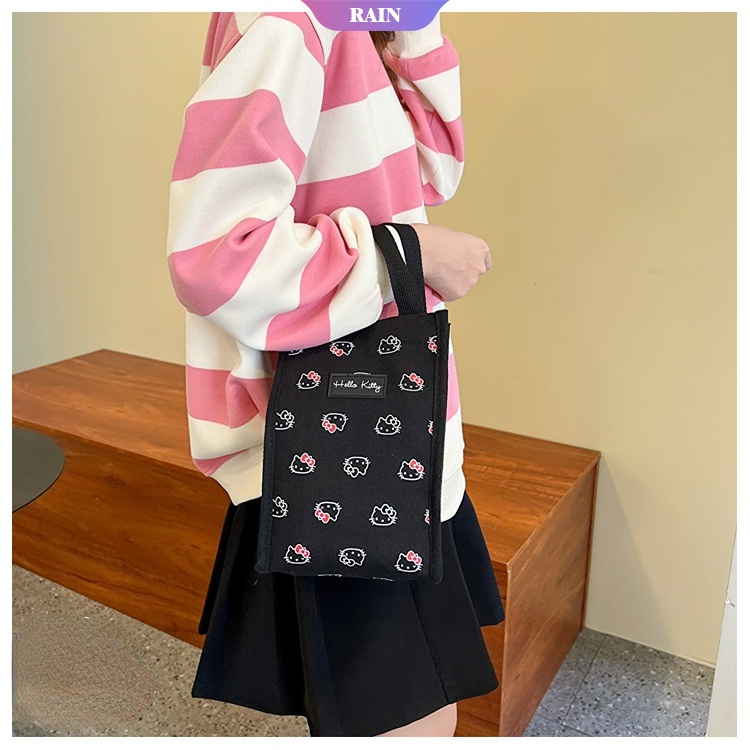 Túi Xách Vải Canvas In Hình Sanrio Hello Kitty Đựng Ly Nước Trái Tim Đồ Ăn Vặt Cho Nữ