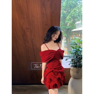 Váy nhung đỏ tầng trễ vai cara dress tia19. đầm nhung đỏ tầng