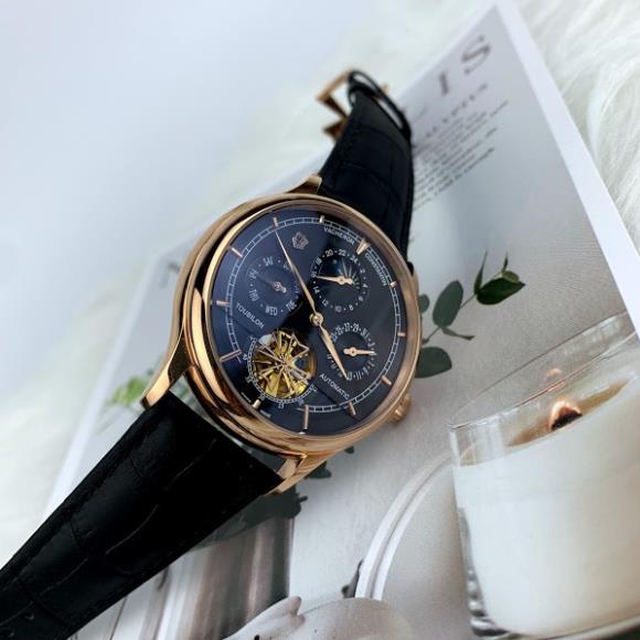 Đồng hồ Nam Vacheron máy nhật, mẫu 5kim lộ cơ cánh khế mặt đen viền vàng dòng cơ Automatic size 40mm