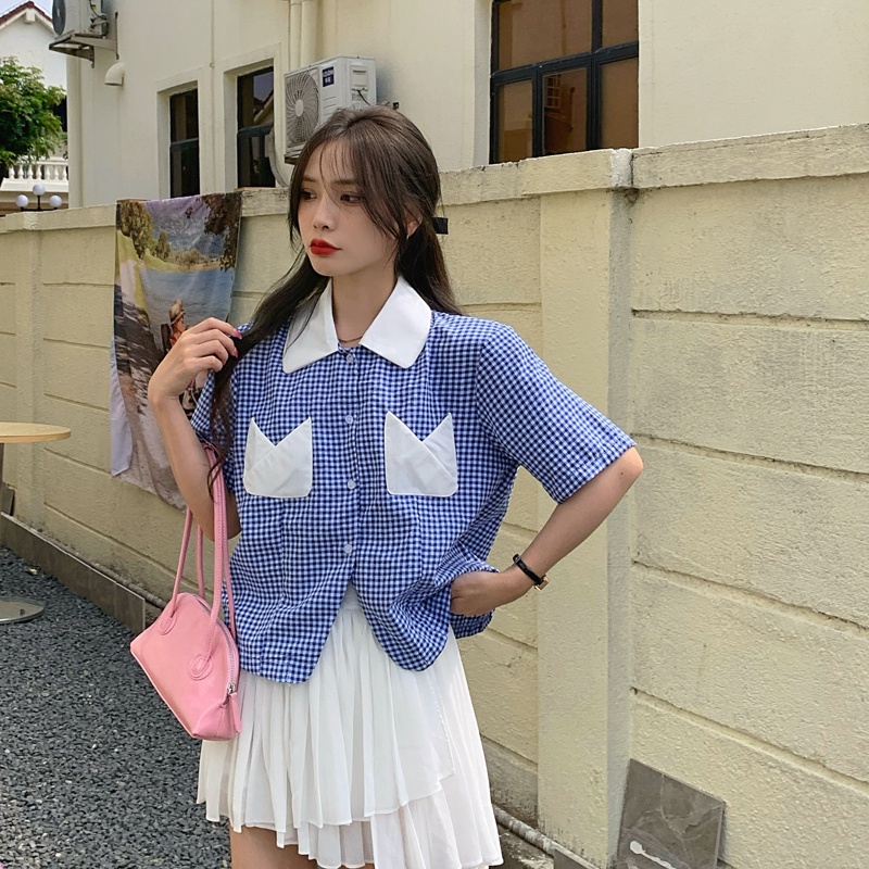 Áo sơ mi crop top LENBACH tay ngắn họa tiết kẻ sọc ca rô phong cách Hàn Quốc thời trang dành cho nữ