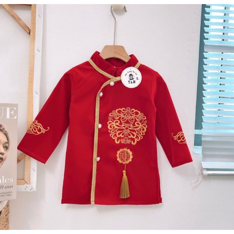 (9-35kg) Áo dài cách tân bé trai nhung đỏ thêu chữ chất đẹp
