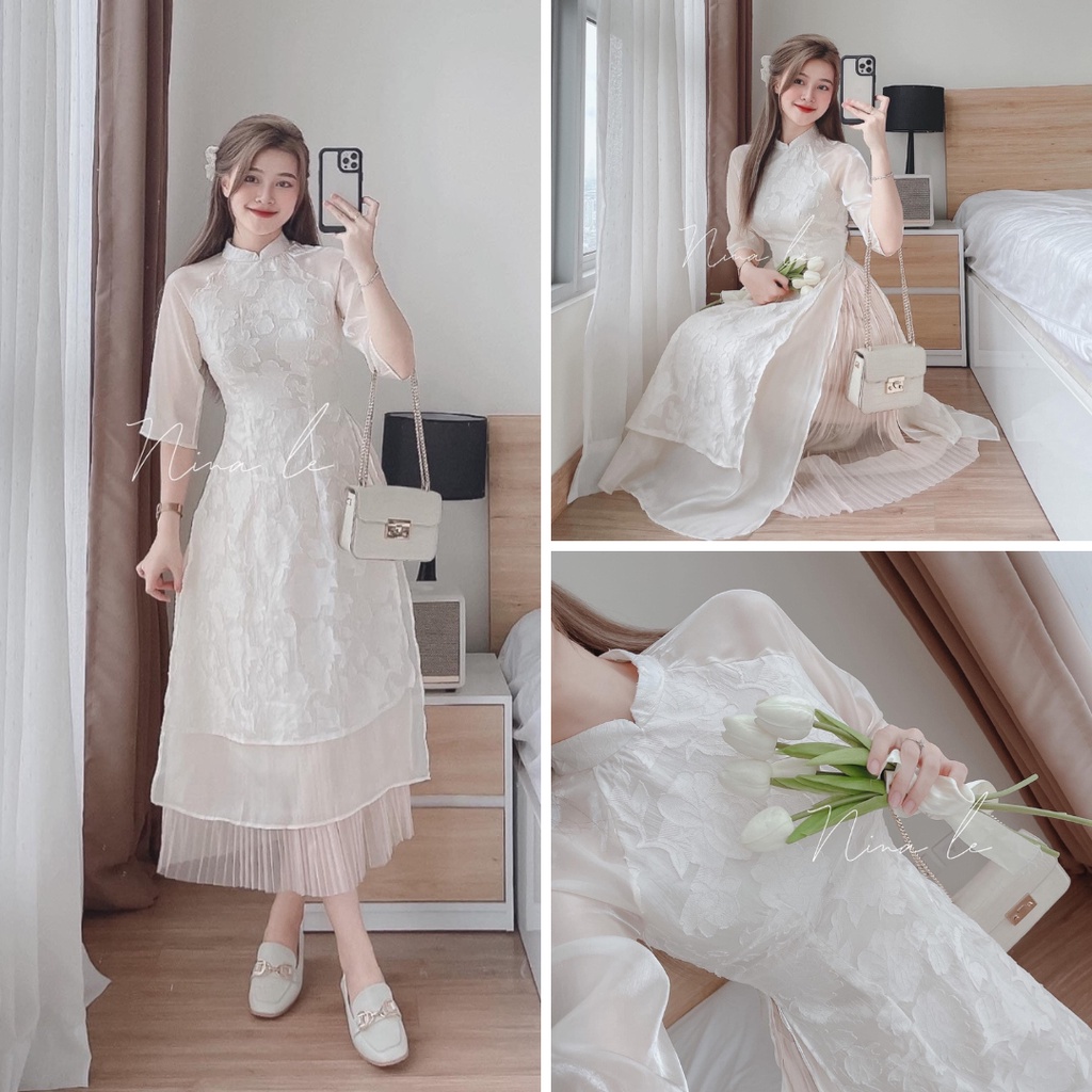 Set Áo Dài Cách Tân Nữ 2023 Hoa Nổi Phối Tay Voan Lỡ + Chân Váy Midi Voan Dập Ly Diện Tết Tiệc Truyền Thống
