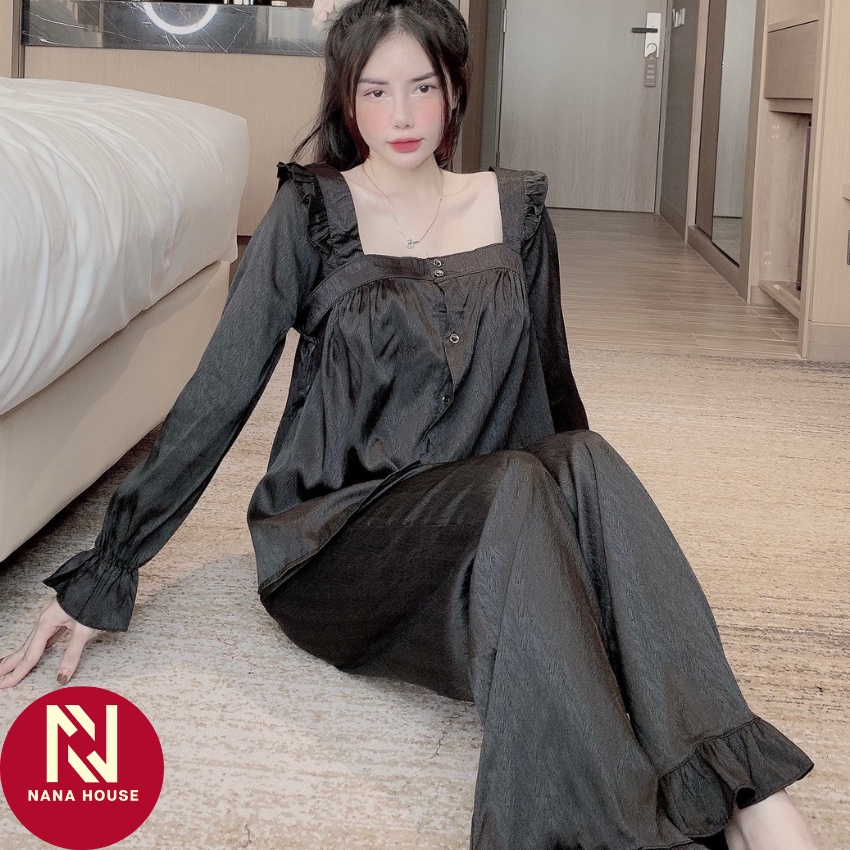 Bộ ngủ nữ cổ vuông tay dài lụa xước tiểu thu cao cấp size 40-50 KG, Đồ ngủ mặc ở nhà size 40-60 KG