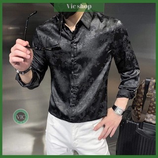 Aó sơ mi nam tay dài lụa SM1122-003 quảng châu, thấm hút mồ hôi tốt, họa tiết kẻ, phối màu trẻ trung
