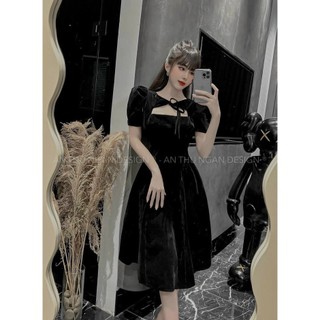 Đầm nhung có mút mặc đi tiệc, đầm cổ tàu cột dây tay phồng dáng xòe dài ôm eo, váy xòe nhung mặc đi đám cưới nhiều màu