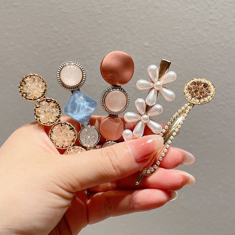 Set 6 Kẹp Tóc Hình Lông Vũ / Ngọc Trai / Kẹp Mỏ Vịt Bằng Hợp Kim Phong Cách Hàn Quốc