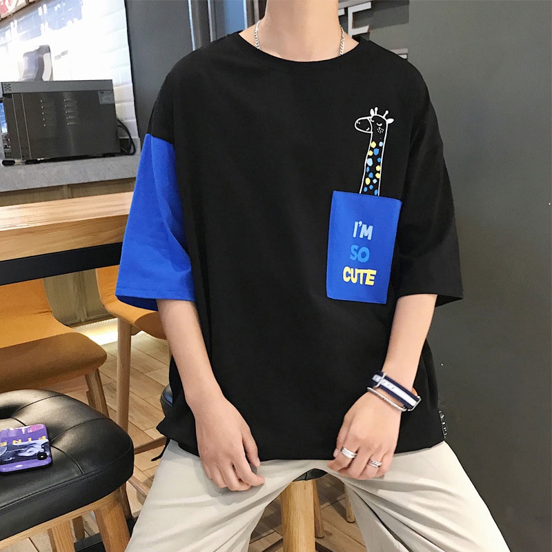 Áo Thun Tay Ngắn Cổ Tròn Dáng Rộng In Họa Tiết Màu Sắc Tương Phản Thời Trang Mùa Hè Cho Nam