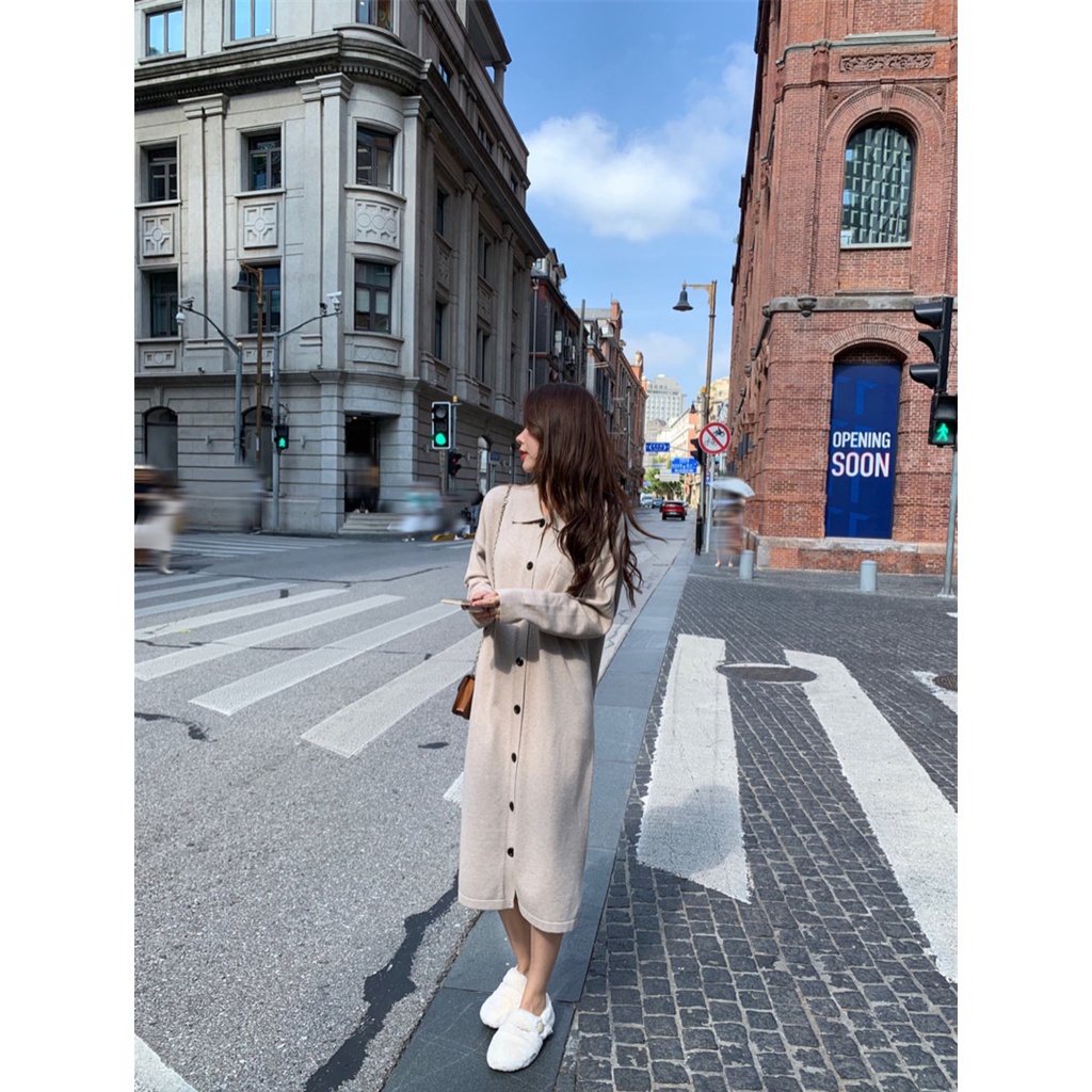 Váy nữ liền thân vải len tăm khuy cài đầm dài tay dáng suông 3 màu from dưới 65kg-Minxy Shop