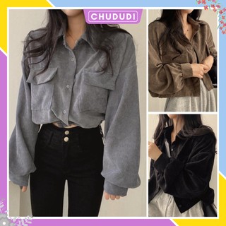 Áo sơ mi nhung tăm nữ tay bồng dáng lỡ form rộng dáng dài cá tính kiểu vintage oversize Hàn Quốc đẹp CHUDUDI SM01