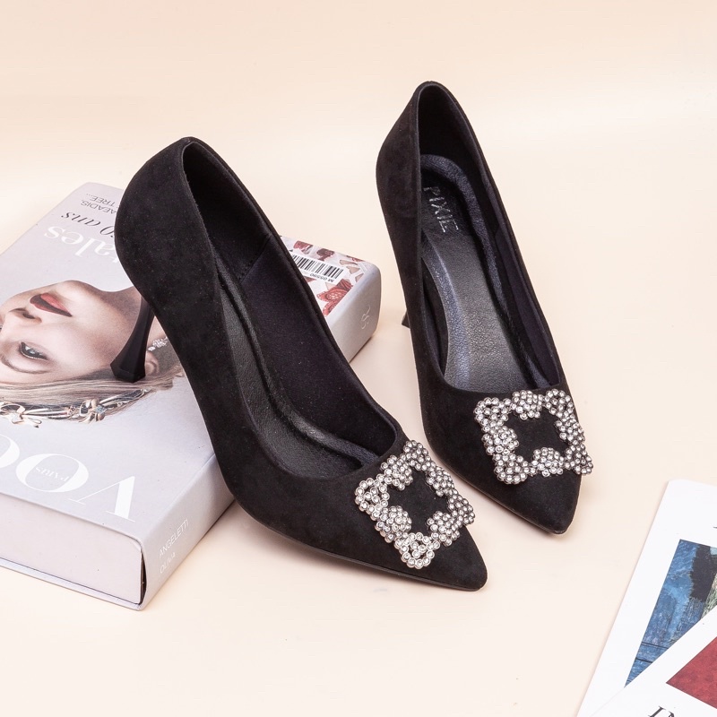 Giày Cao Gót 7cm Da Lộn Khóa Vuông X405