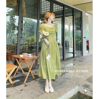 Đầm maxi vintage mặc đi chơi, đầm tiểu thư tay phồng, đầm cổ vuông xếp ly, đầm basic Hàn Quốc, váy xòe bồng dài