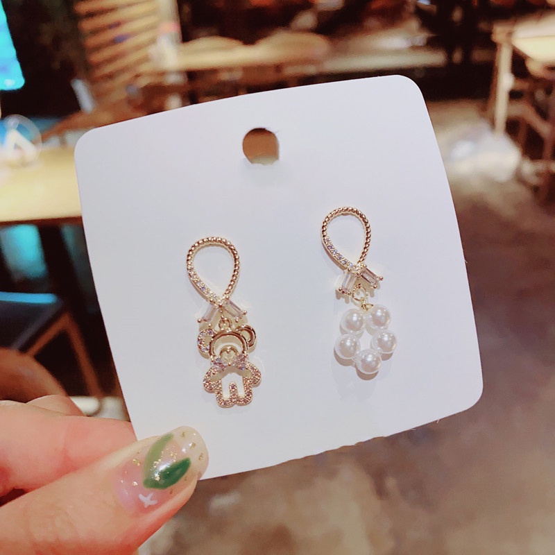 MANYUE Khuyên tai mạ kim bạc 925 hình chú gấu đính ngọc trai nhân tạo xinh xắn