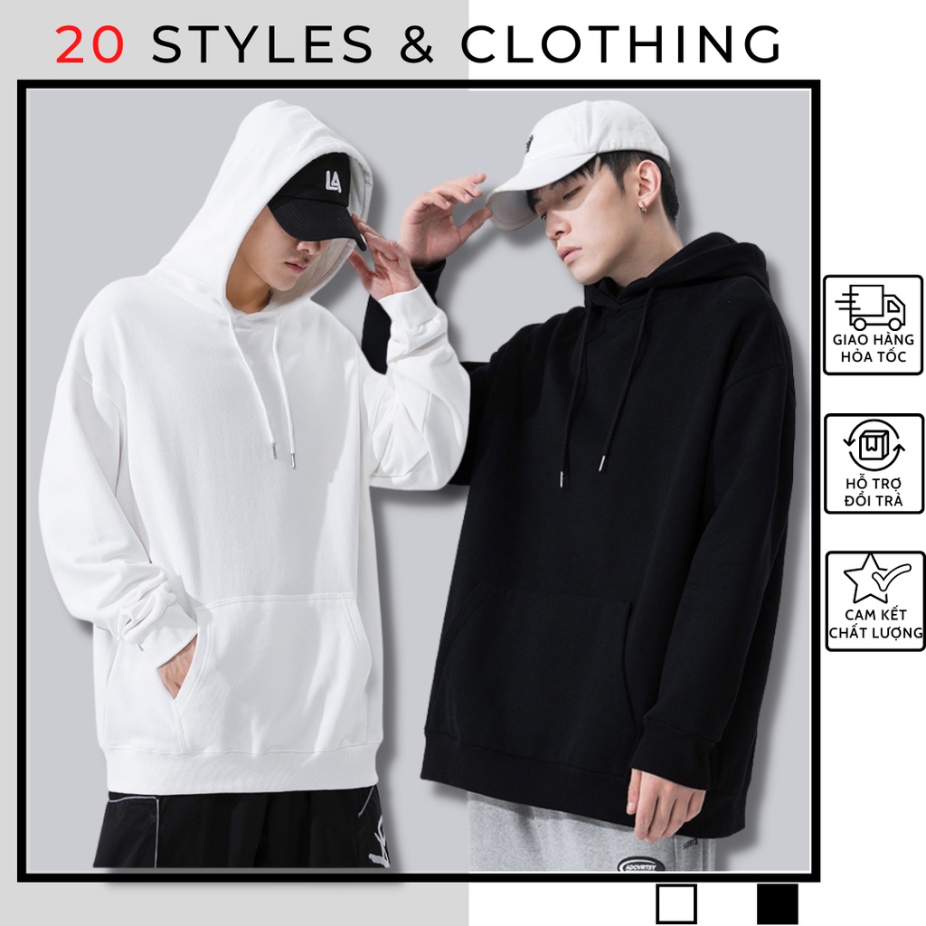 Áo Hoodie trơn basic nam nữ unisex 2 màu đen trắng form rộng mặc cực đẹp, chất nỉ cotton Hàn cao cấp, hợp mọi thời đại