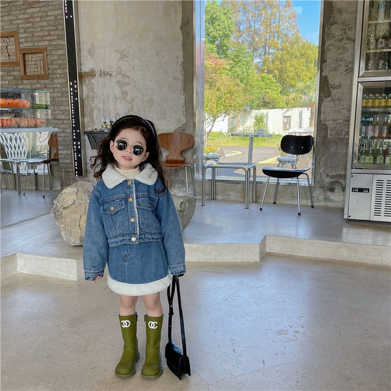 Áo Khoác Denim Lót Lông Cừu Dày Dặn Giữ Ấm Phong Cách Hàn Quốc Thời Trang Mùa Đông Cho Bé Gái