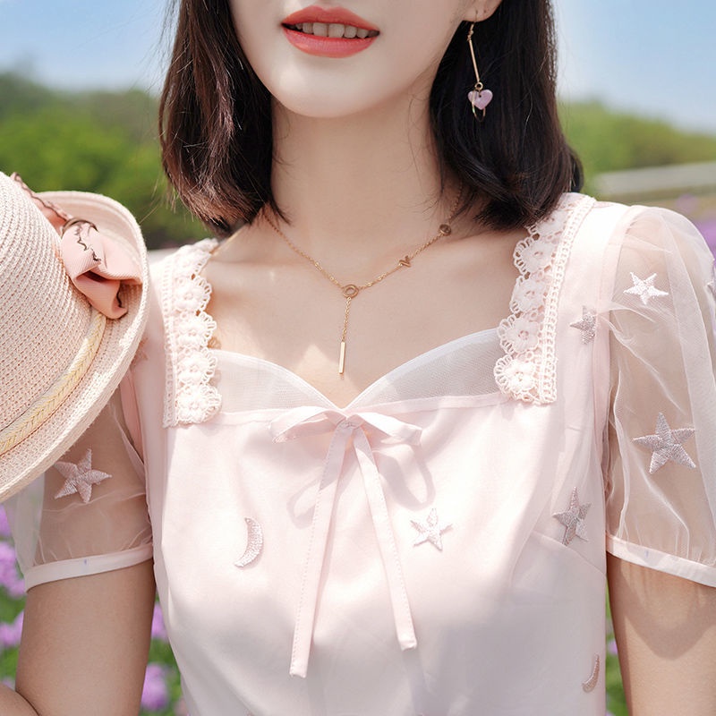 Đầm Công Chúa Ngắn Phối Lưới Tay Áo Phồng Cao Cấp Thêu Họa Tiết Màu Hồng / Trắng Tươi Tắn Mùa Hè S-xl Cho Nữ