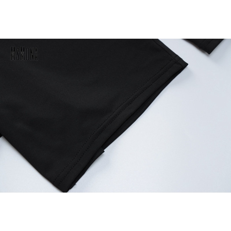 MsMona Áo Liền Quần Tay Dài Cổ Chữ U Màu Đen Trơn Thời Trang 2022 Quyến Rũ Cho Nữ
