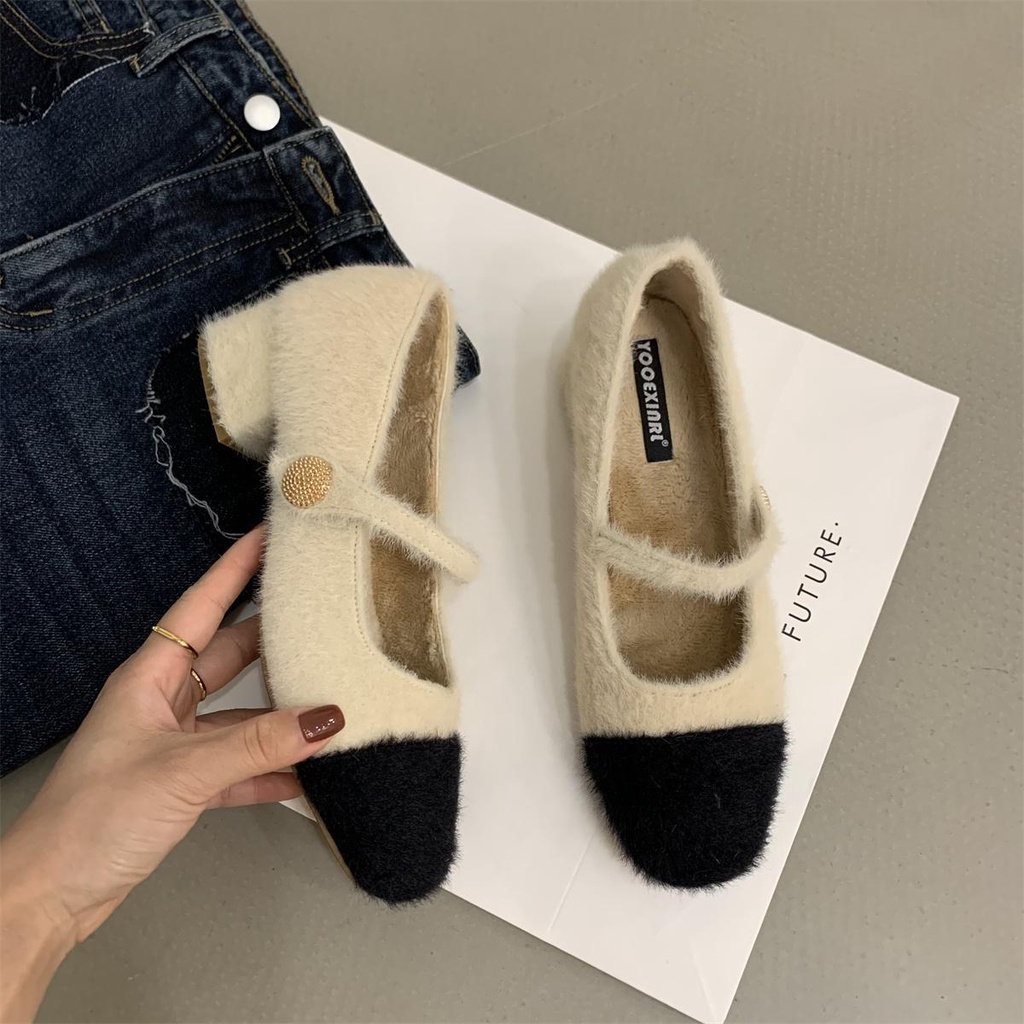 Giày Mary Jane Lót Lông Chồn Gót Dày Dặn Phong Cách Thời Trang Thu Đông Hàn Quốc 2022 Mới