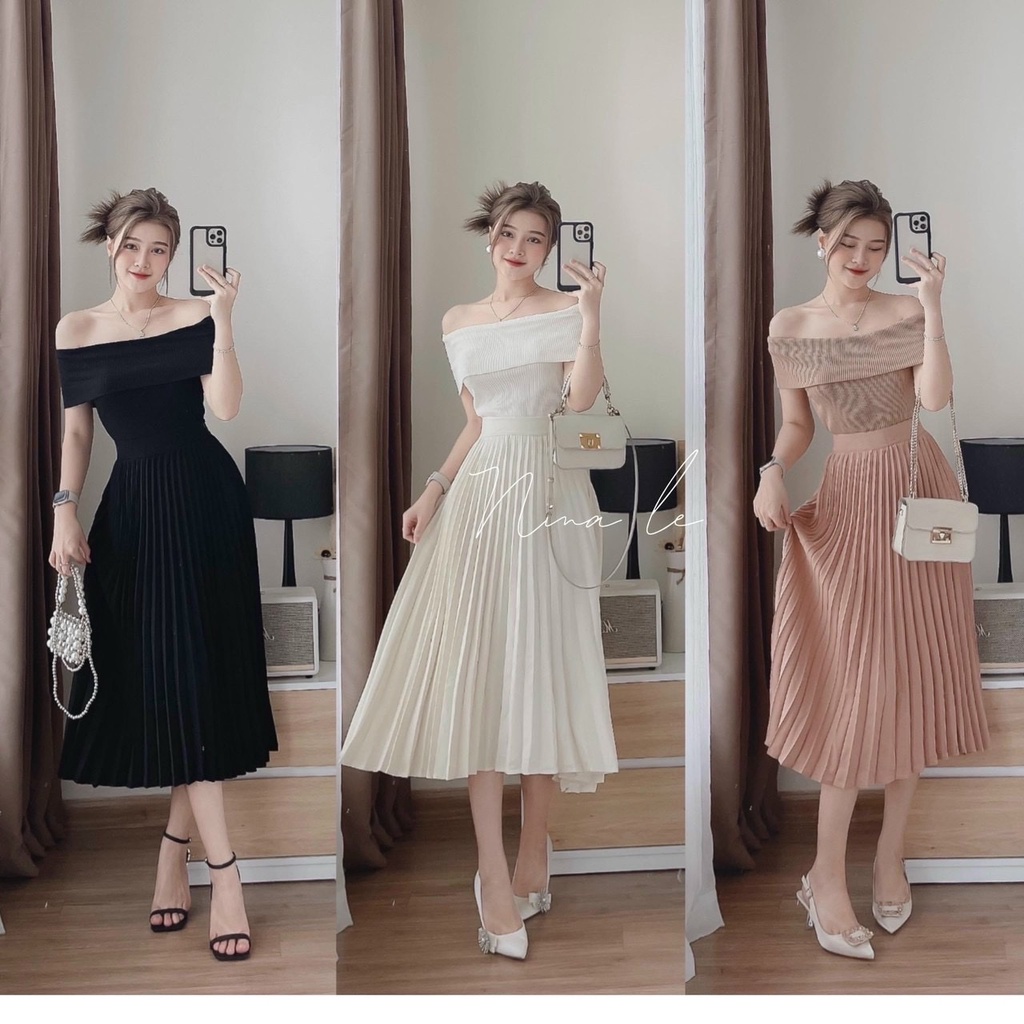 Set áo gân trễ vai và chân váy for dập ly xinh xắn phù hợp cho các nàng đi chơi và dự tiệc DX