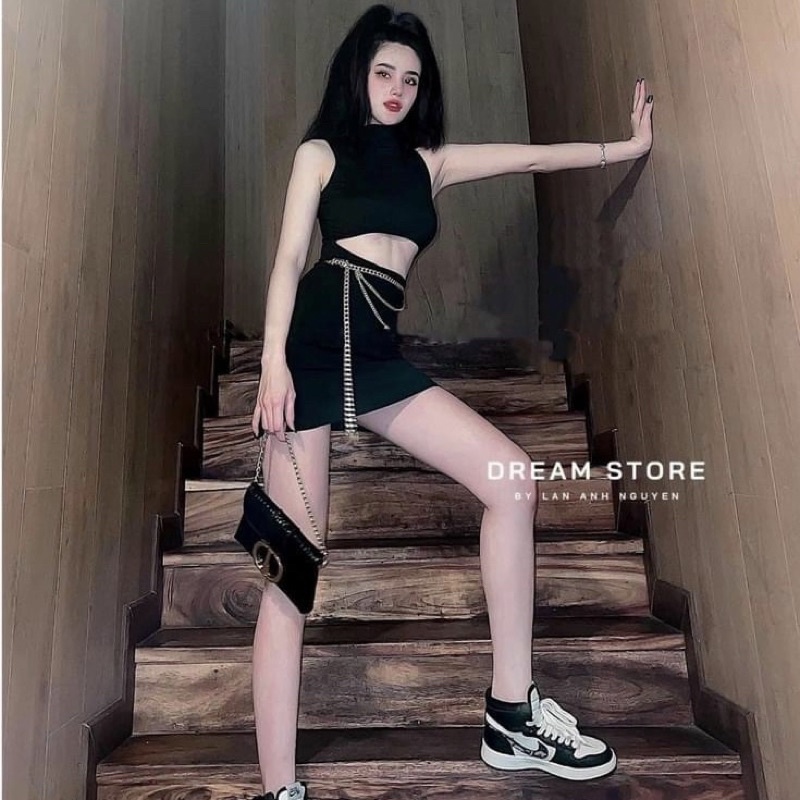 Đầm ba lỗ phối xích ôm body khoét eo chất thun borip dày mịn đẹp