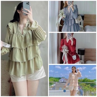 Set áo babydoll xanh tầng cổ viền bèo phối quần short trắng lưng thun