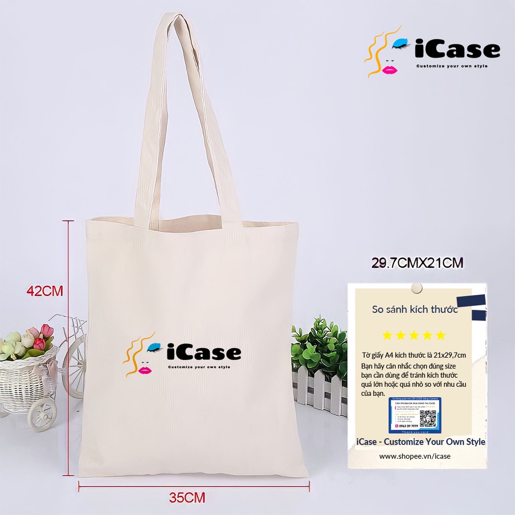 Túi vải Canvas màu đen có khóa kéo iCase in logo theo yêu cầu kích thước 33x38x10cm