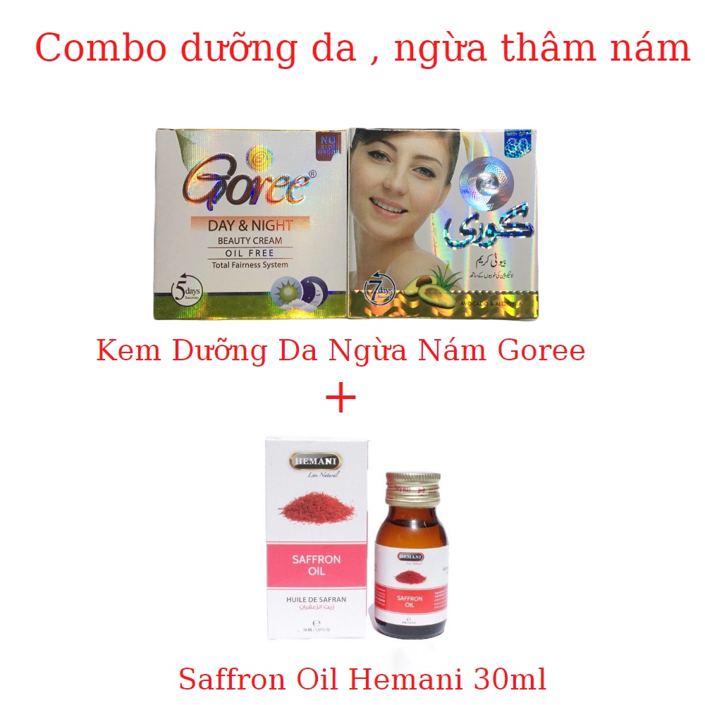 Combo Dưỡng Da Ngừa Nám Cặp 1 Kem Ngày + 1 Kem Đêm Goree + Saffron Oil Hemani 30ml Chính Hãng