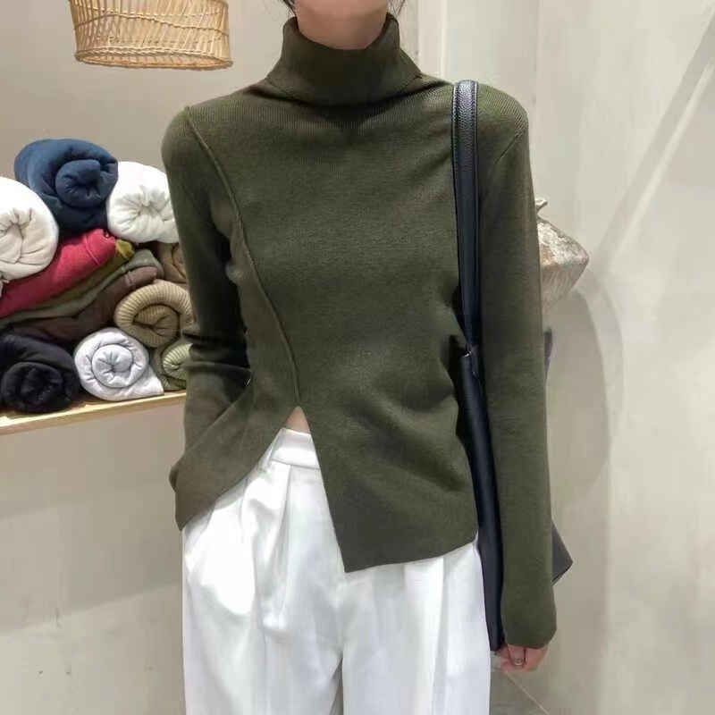 P Áo Sweater Dệt Kim Tay Dài Màu Trơn Cổ Lọ Xẻ Tà Nhẹ Nhàng Phong Cách Cấp