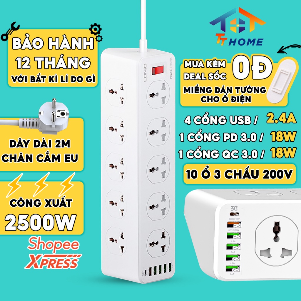 Ổ Cắm Điện Đa Năng Có Sạc Nhanh PD 18W 10 Ổ Cắm 3 Chấu 220V Chịu Tải 2500w, 5 Cổng USB 18W Dây Dài 2M, Chịu Nhiệt 750 Độ